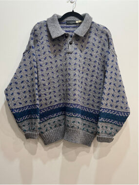 Harry Rosen Chunky Wool Knit Pullover Collar Sweater Size L Grey Cabin 90s